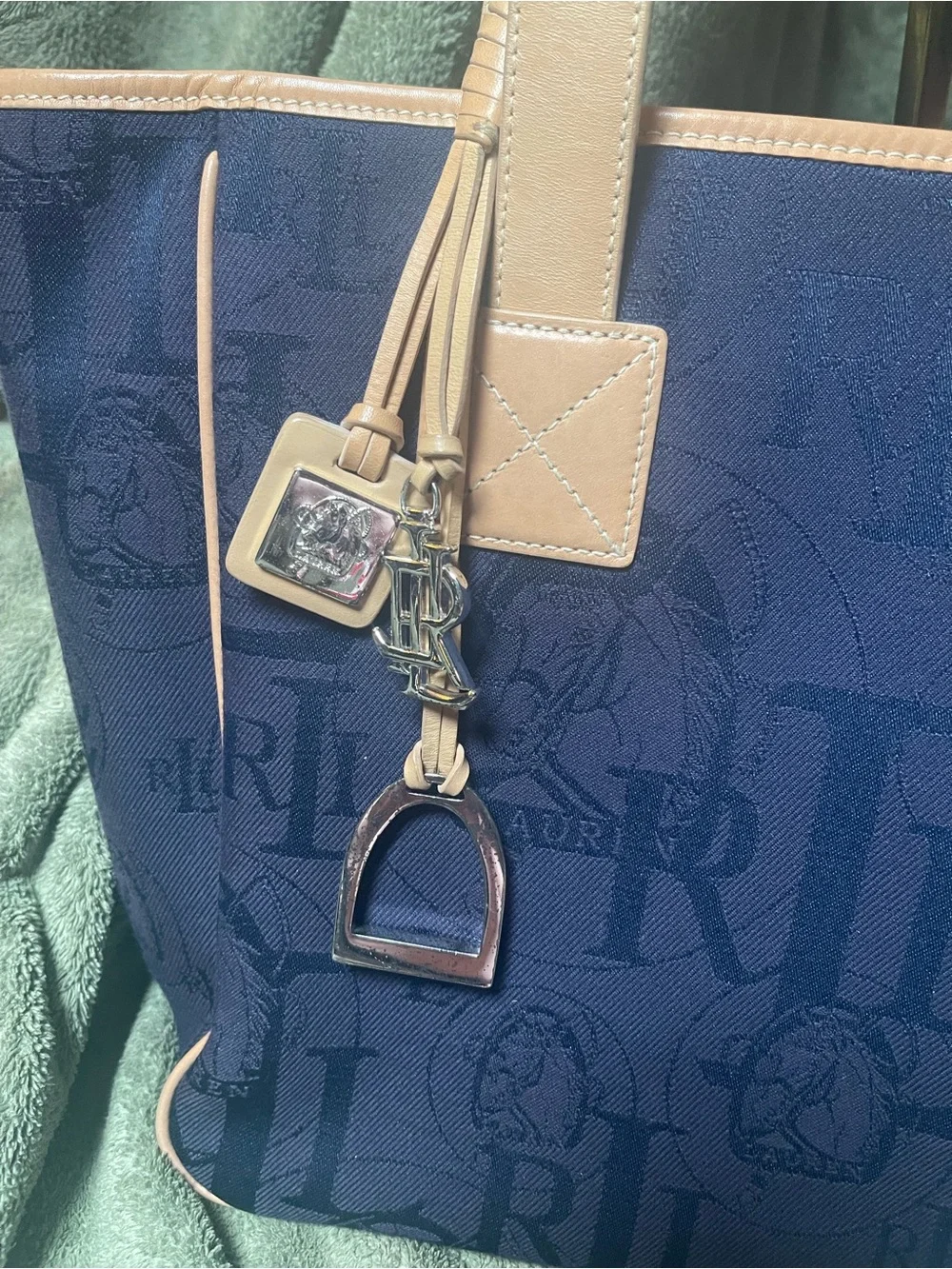 Vintage Lauren Ralph Lauren Monogram Jacquard Canvas Tote Bag Navy and Tan